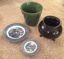 Currier & Ives plates, Bauer Los Angeles #8 swirl pot, black Mexican pot