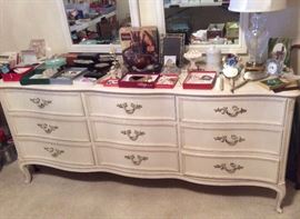 French Provincial dresser by Henredon (6 ft. long), crystal & brass table lamp