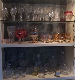 Crystal stemware & vases, Culver "Valencia" ice bucket & matching glasses with gold design, glass biscuit & candy jars, decanters