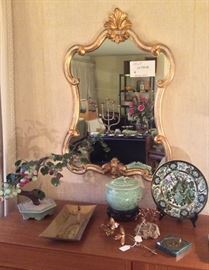 Gilt mirror (35" tall), Bonsai tree with glass leaves & fruit, Ernest Sohn gold dish with bamboo, Chinese celadon pot with lid on stand, Japanese plate with birds & more