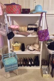 Hat box & hats, purses (some vintage), womens shoes size 7, vintage sewing basket on legs