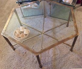 Hexagonal brass & glass coffee table (41" point to point), Tom & Jerry set under table