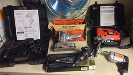 Power tools: Craftsman 3/8" cordless drill-driver with case, vintage Black & Decker deluxe finishing sander, Craftsman rotary power tool, Craftsman variable speed scroller jig saw with case, B & D utility drill