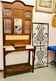 Antique Eastlake Hall tree with marble &
Ornate metal Work