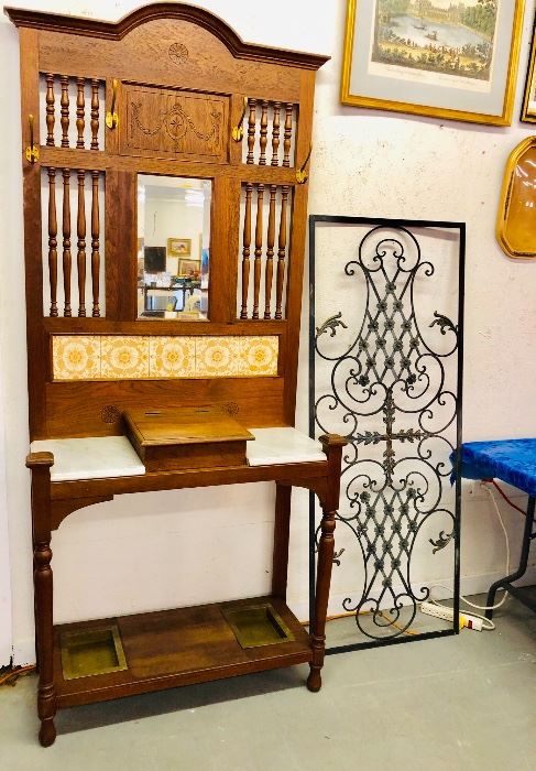 Antique Eastlake Hall tree with marble &

Ornate metal Work 