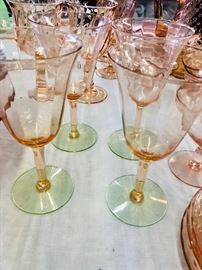 Set 4 Depression Glass Watermelon Pink & Green wine glasses