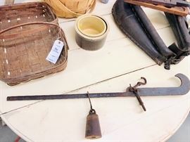 Antique Cotton Scale & Weight , leather horse collar , old baskets