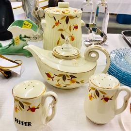 Jewel Tea pattern Hall Pottery Cookie jar ,, Aladdin style teapot with porcelain internal tea strainer , oversized salt & peppers