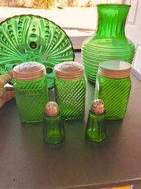Green Hoosier Glass spice jars, water bottle Bubble pattern lg Serving bowl , salt & pepper lot