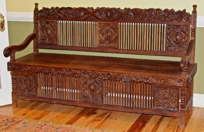 Spanish Colonial style ornately hand-carved 7' bench, wooden dowel construction