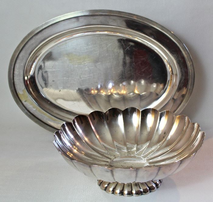 collection of silver plate items, including bowls & trays