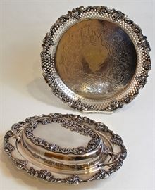 large silver plate tray with handles (not shown), partitioned server, & tray with grapevine motif