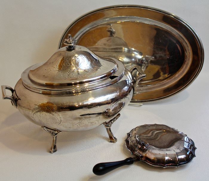 silver plate tureen, crumb butler, and tray