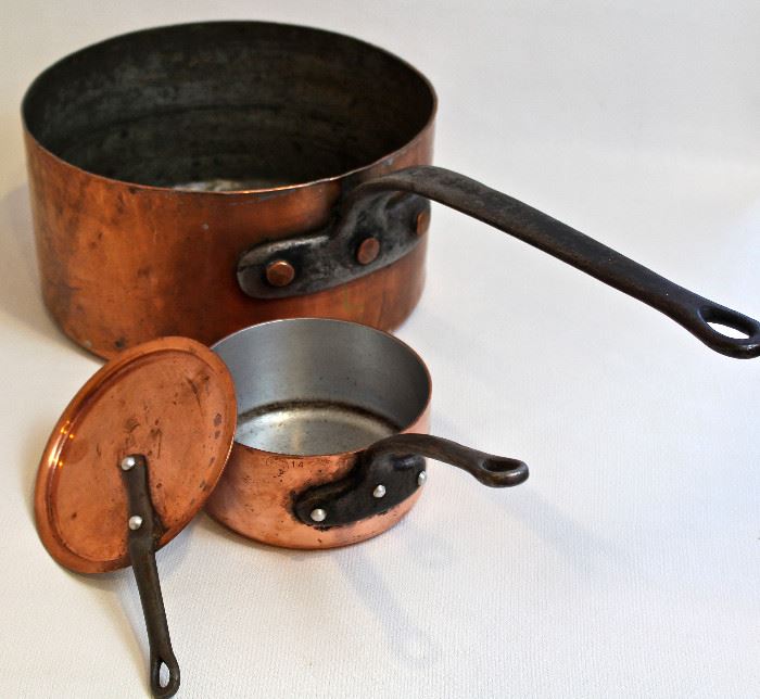 collection of professional, hand-made copper cookware from - V. Olad & Sons, Philadelphia; Hammersmith (now Brooklyn Copper), Brooklyn, NY; Reading China, France; Revere; and Cordon Bleu, France