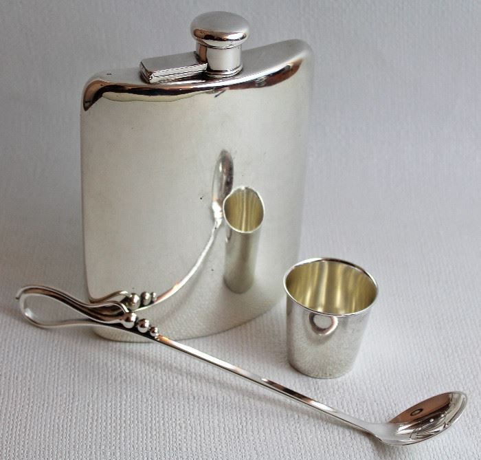 sterling Tiffany & Co. flask, sterling jigger, sterling Danish modern slotted spoon