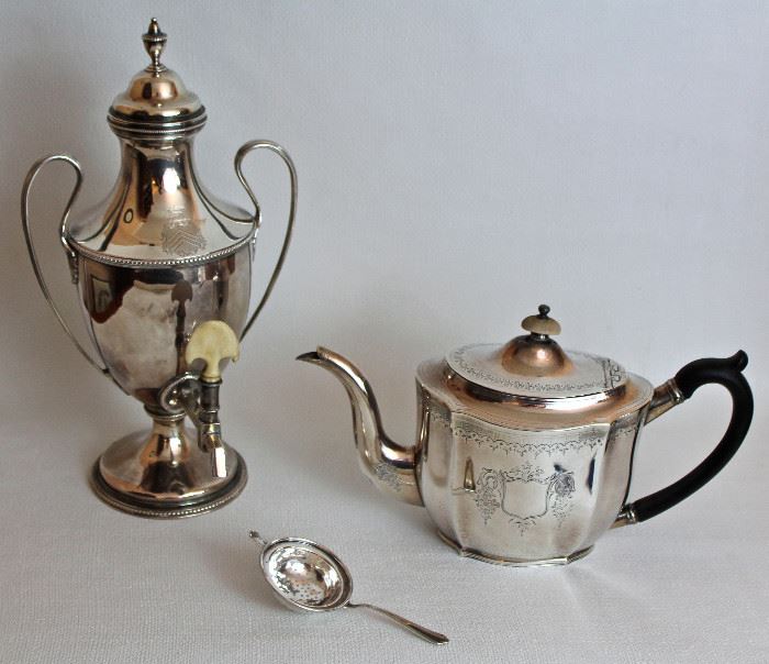 sterling George III coffee urn & tea pot made in London, sterling tea strainer