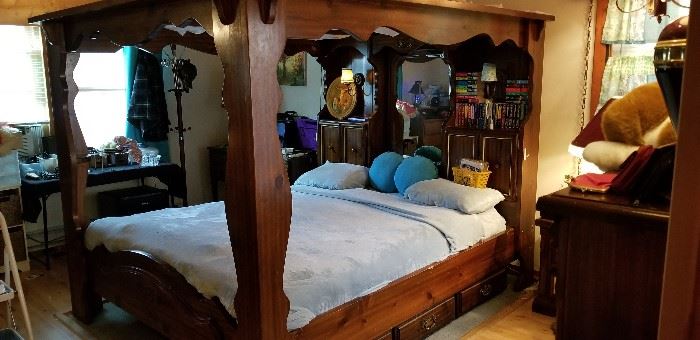 Pine Canopy Bed w/Bookcase Headboard and Drawer Storage