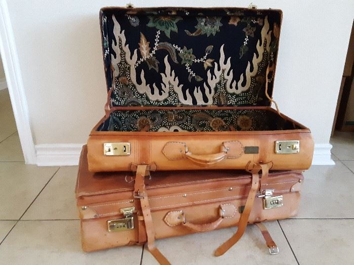 Batik lined leather luggage. Beautiful display pieces, not for travel use.  Hand carried from Bali 30 years ago.