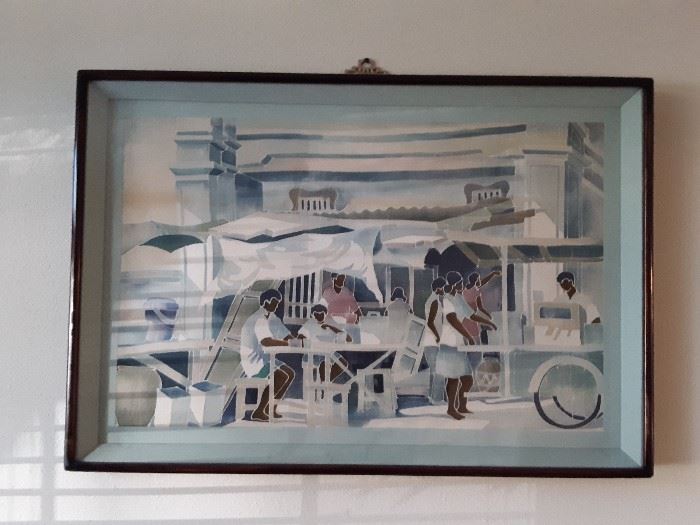 Large, Malaysian Batik (dyed cloth), traditional market place scene. Framed in Korea with brass hook.