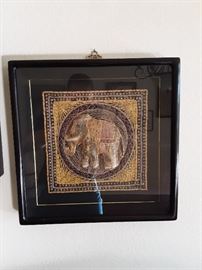 Woven Thai elephant with lots of beading. Purchased in Bangkok, framed in Korea with brass hook.