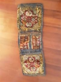 Rug and leather saddle bags.  Very old, and rare.  Pile carpet weave, wool on wool.  Origin unknown, but great conversation piece!