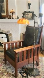 Signed Gustav Stickley Chair; Tiffany Floor Lamp