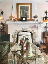 Living Room with Handel Lamps, French Marble Mantle Clock, Quezel Shade on Handel Floor Lamp Base