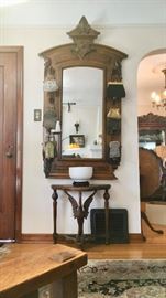 Antique Hall Tree-Style Oak Entry Mirror; Swan Table; Beaded Bags