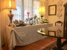 Table of Vintage Treasures: Cranberry Glass, Nippon, Large Rosenthal White-on-White Bowl...