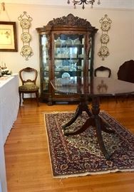 Beautifully Carved Cabinet Showing American Brilliant Cut Glass, Including Rare Pieces; Mahogany Dining Table; Fine Plate Display on Wall Holders
