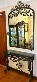 Exciting Vintage Hand Wrought Iron Console Table with Marble Top and Matching Mirror