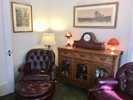 Tufted Leather Chairs and Carved Cabinet; Large Mahogany Mantle Clock