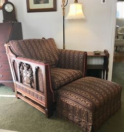 Comfortable Oak Chair and Ottoman with Heraldry Decor