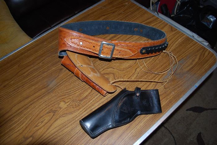 TAN COWBOY HOLSTER - WAIST 36" - CALIBER: 38/357 - 28 AMMO LOOPS....&  L.M. SUDBURY LEATHERWORKS  HOLSTER (OWB) FOR 4-INCH REVOLVERS. 