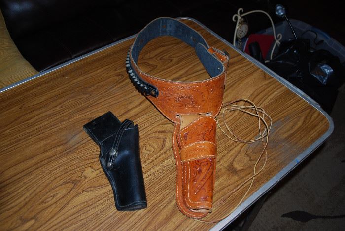 TAN COWBOY HOLSTER - WAIST 36" - CALIBER: 38/357 - 28 AMMO LOOPS....&  L.M. SUDBURY LEATHERWORKS  HOLSTER (OWB) FOR 4-INCH REVOLVERS. 