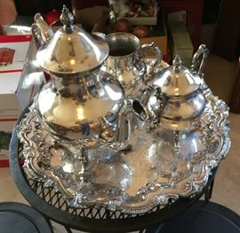 silver on copper tea set and tray
