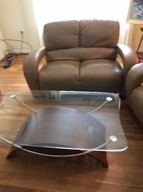 Leather sofa and glass top coffee table