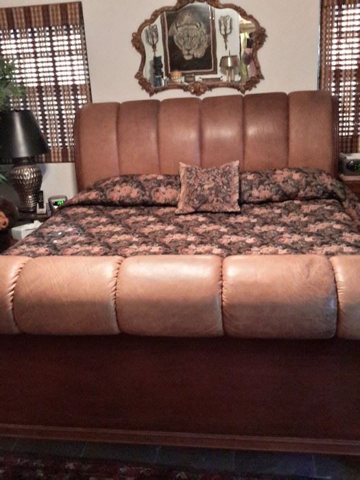 King size leather and wood bed with mattress and box springs