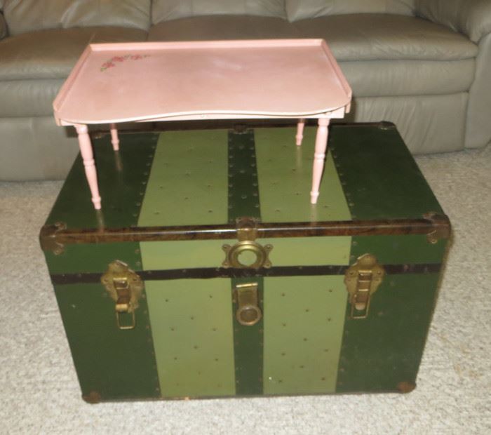 Nice Old Trunk and Vintage Pink Bed Tray