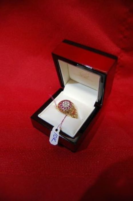Antique Victorian 10K Yellow Gold Man's Ring with Rubies and Diamonds, Clover Style Setting