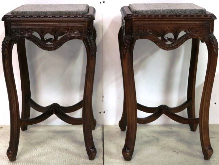 French pair marble top stands