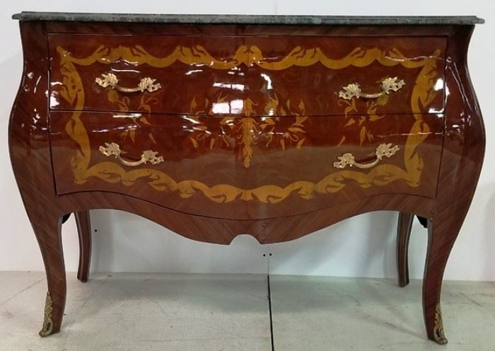 French marquetry inlaid marble top chest