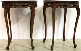 Pair French inlaid carved side tables