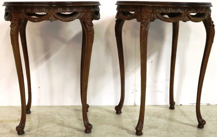 Pair French inlaid carved side tables