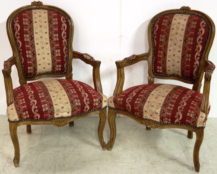 Carved pair French arm chairs