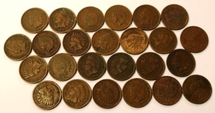 Lot of 25 Assorted Date Indian Head Pennies 