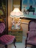 Very ornate Victorian Lamp w/ shade and Oriental cabinet/chest