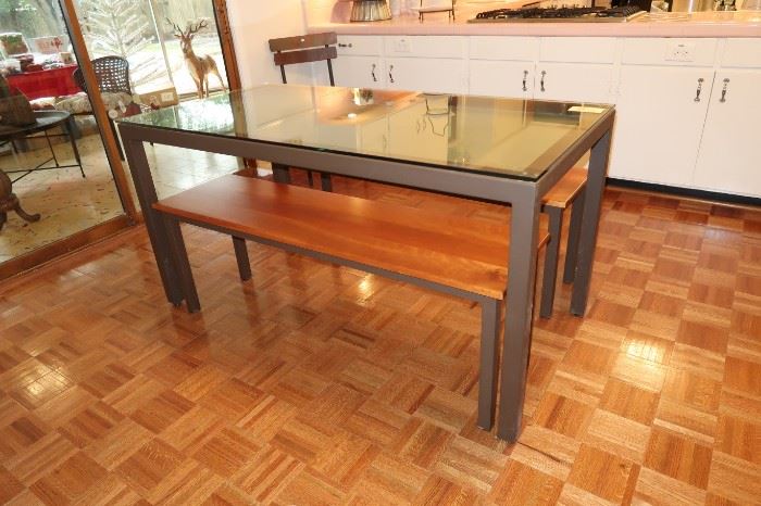 Glass Top Metal Table with Benches