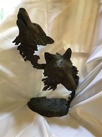 Bronze, Wolf Heads. "Cry of the Wolves" by Artist John Hopkins