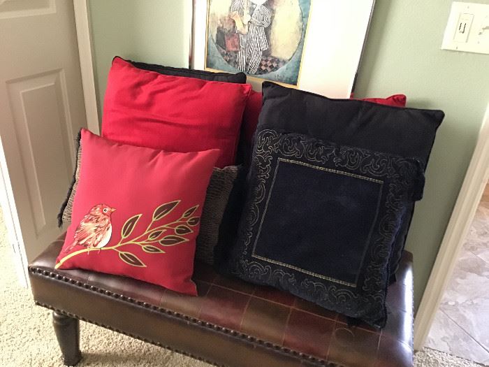 Brown Leather Bench, assorted pillows